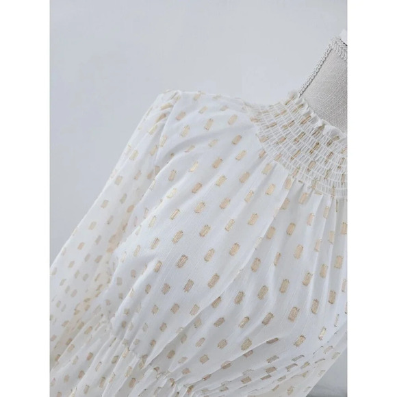 OPT O.P.T Lluvia White Gold Polka Dot Tiered Flowy Smock Neck Mini Short Dress S - Picture 4 of 12
